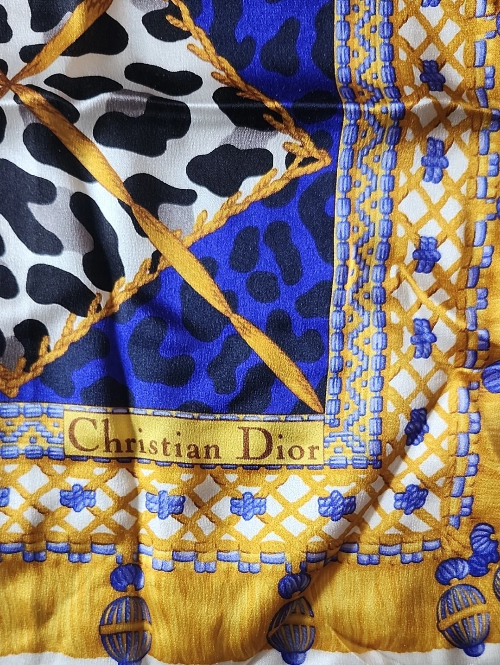 Vtg Christian Dior Blue & Gold Leopard Print Baroque Silk Scarf